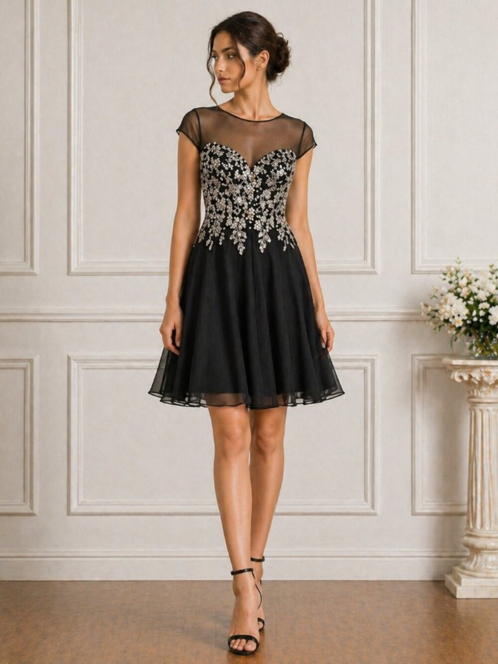 JOVANI Beaded Sweetheart Cocktail Dress | Chiffon Flowy Short Homecoming Dress